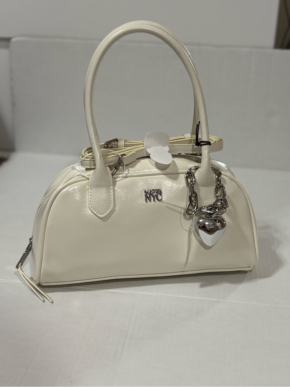 NYC Ivory Dome Satchel with Silver Heart Charm and Chain